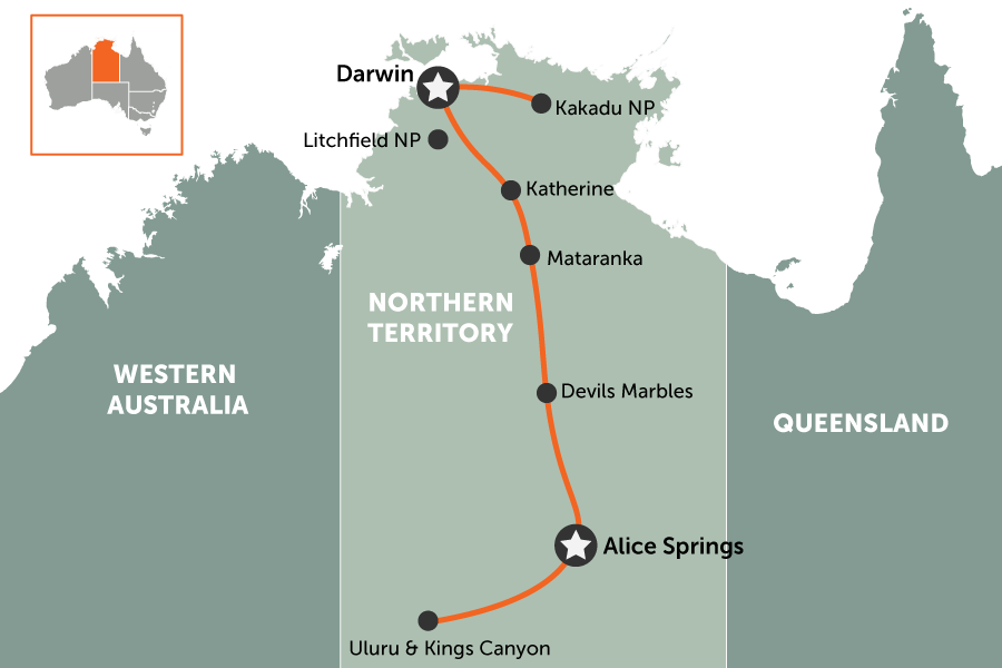 10 day Alice Springs to Darwin: Crocodile Rock tour | map
