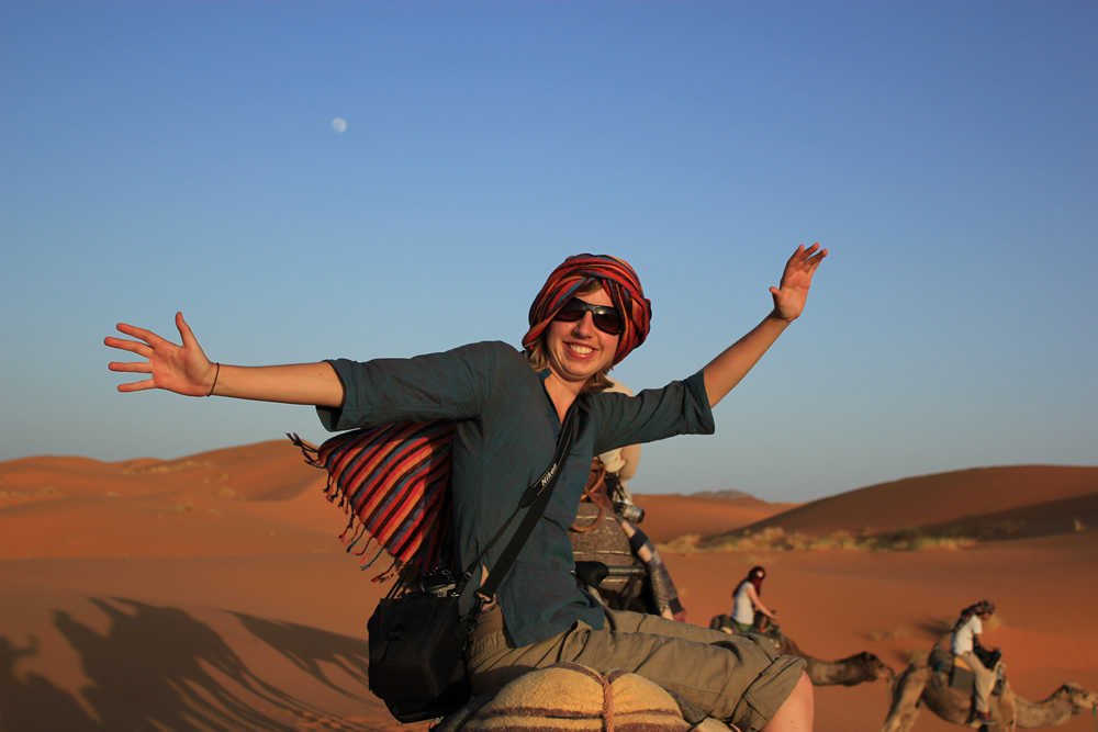 Anna on a camel safari in Morocco