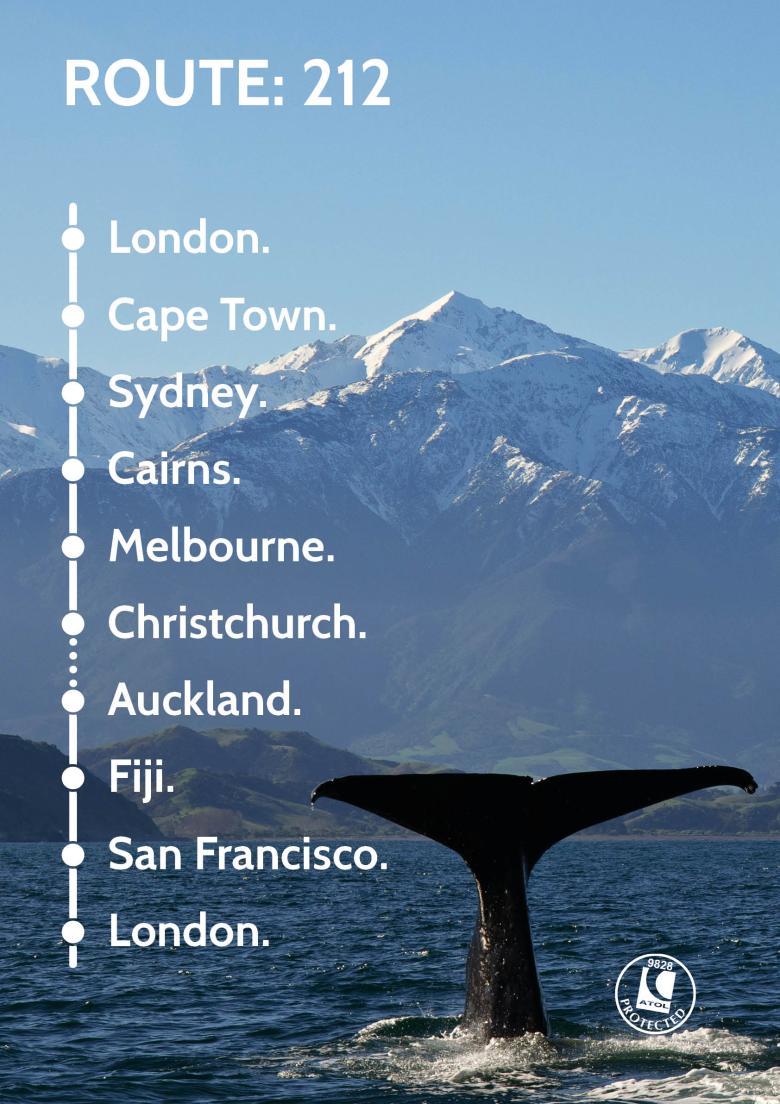 Travel Nation Flight Route 212 | London - Cape Town - Sydney - Cairns - Melbourne - Christchurch - Auckland - Fiji - San Francisco - London 