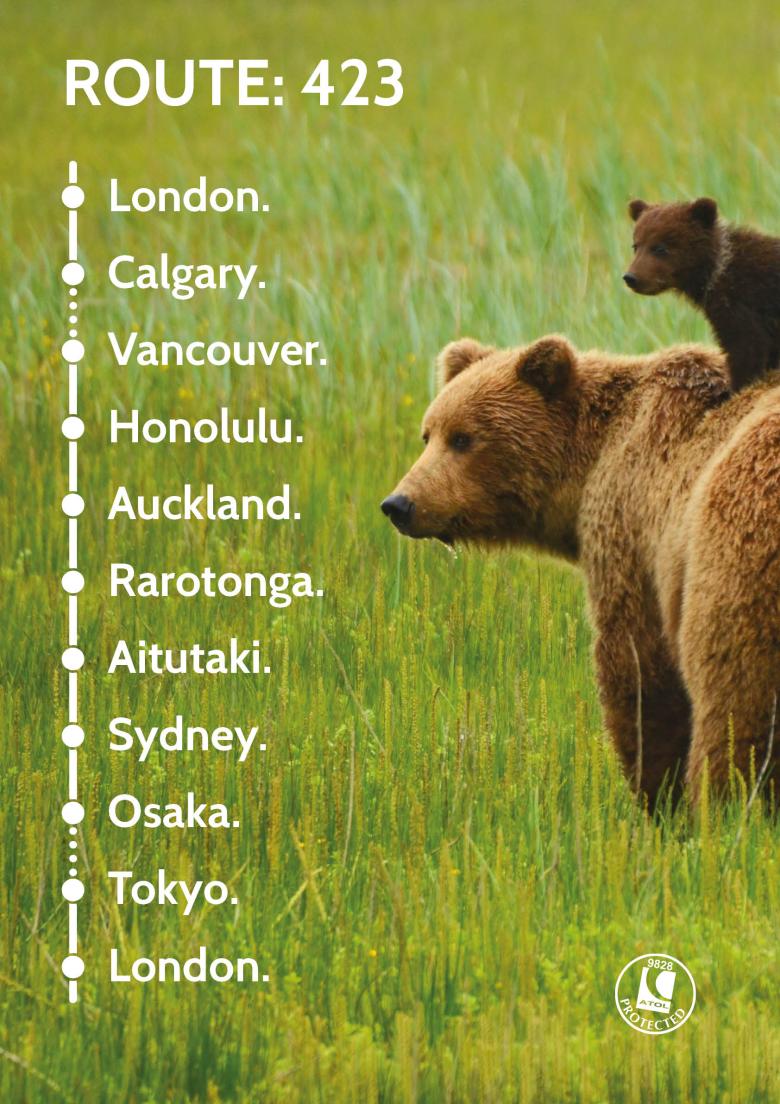 Travel Nation Flight Route 423 | London - Calgary - Vancouver - Honolulu - Auckland - Rarotonga - Aitutaki - Sydney - Osaka - Tokyo - London