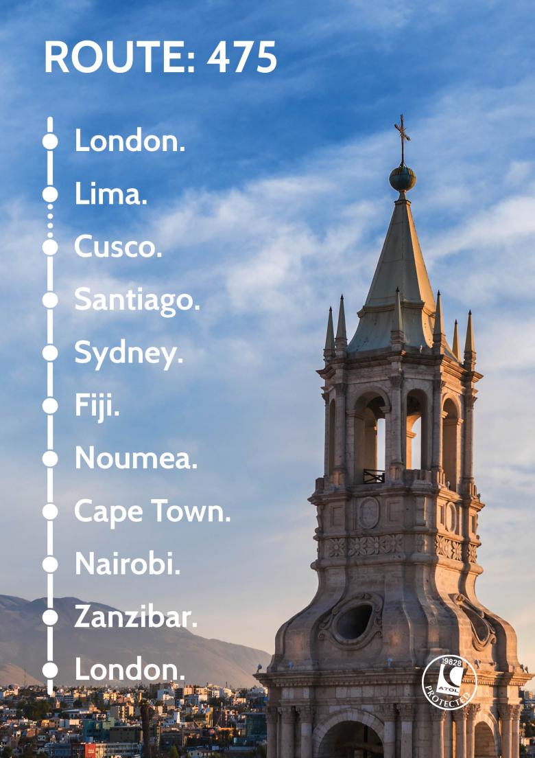 Travel Nation Flight Route 475 | London - Lima - Cusco - Santiago - Sydney - Fiji - Noumea - Cape Town - Nairobi - Zanzibar - London