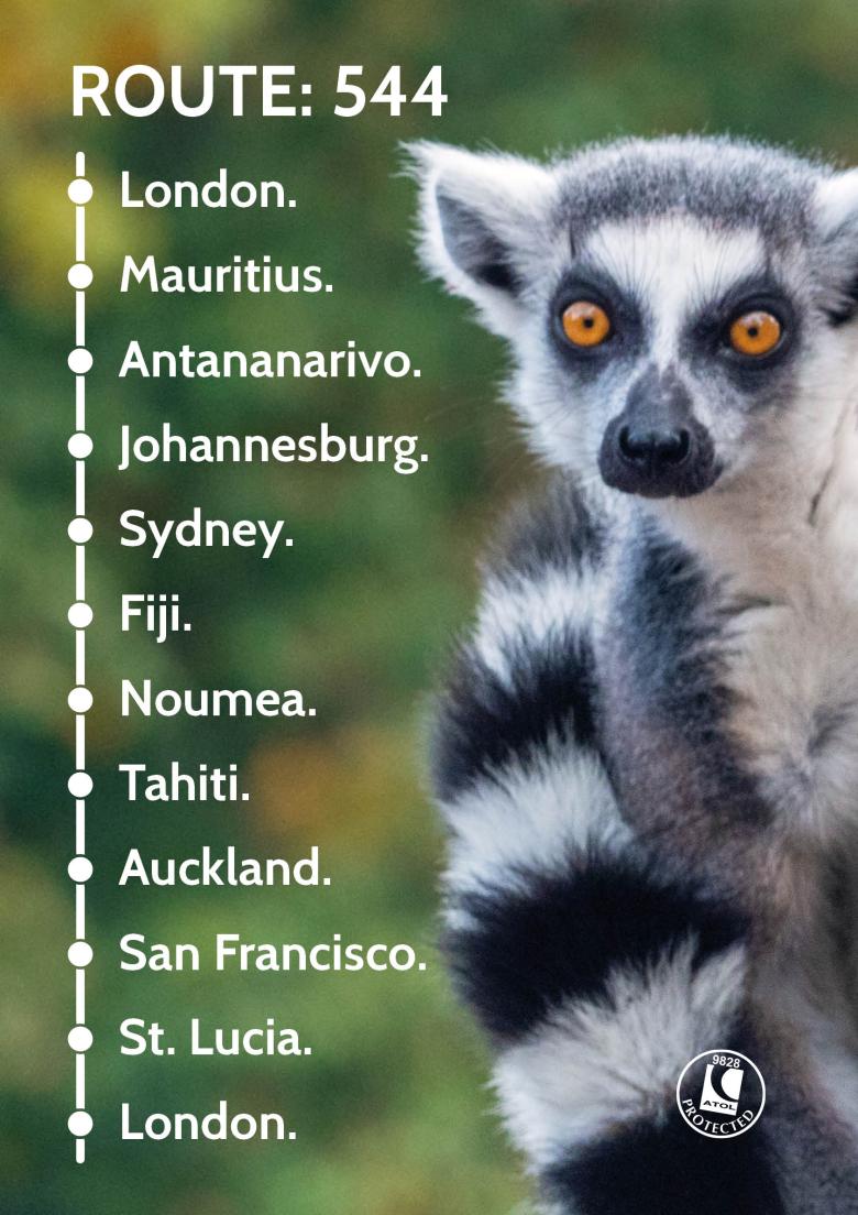 Travel Nation Flight Route 544 | London - Mauritius - Antananarivo - Johannesburg - Sydney - Fiji - Noumea - Tahiti - Auckland - San Francisco - St Lucia - London