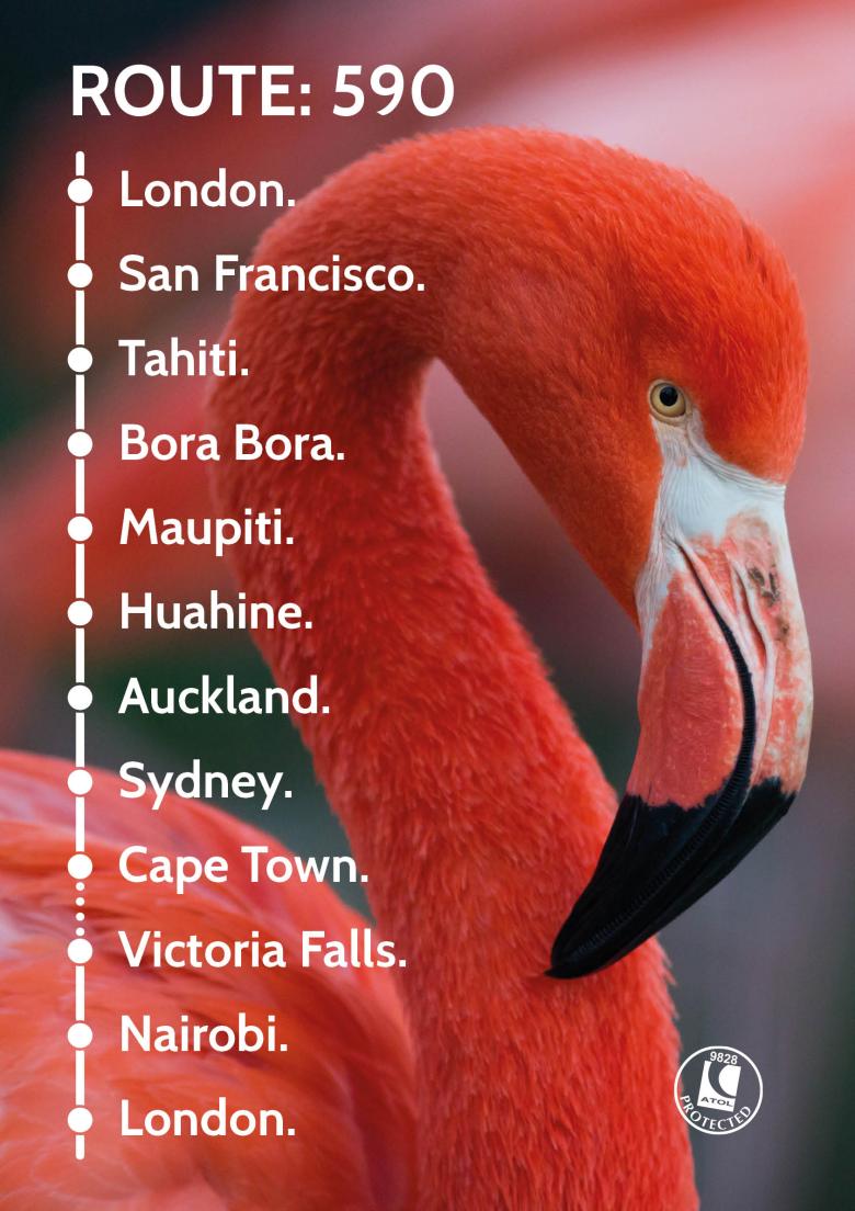 Travel Nation Flight Route 590 | London - San Francisco - Tahiti - Bora Bora - Maupiti - Hauhine - Auckland - Sydney - Cape Town - Victoria Falls - Nairobi - London