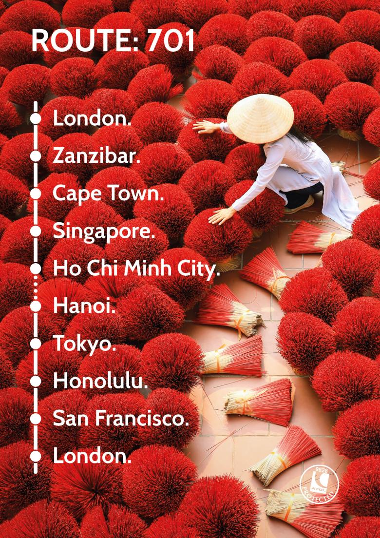 Travel Nation Flight Route 701 | London - Zanzibar - Cape Town - Singapore - Hanoi - Ho Chi Minh City - Tokyo - Honolulu - San Francisco - London