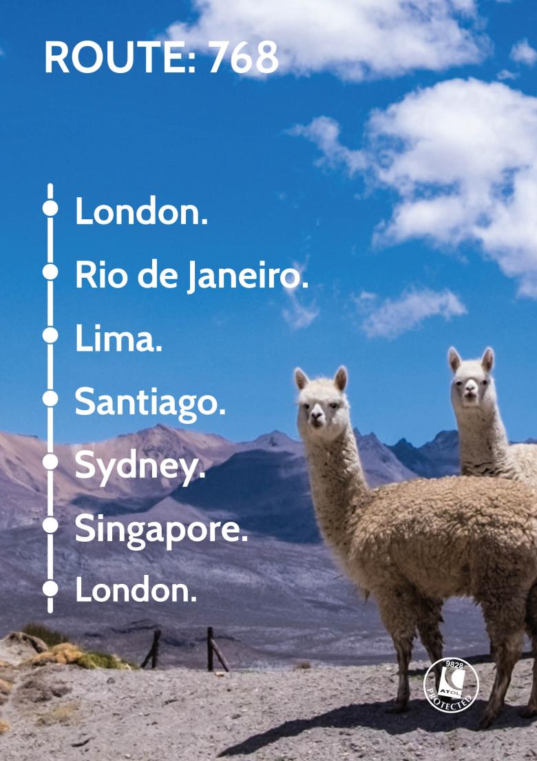 Travel Nation Flight Route 768 | London - Rio de Janeiro - Lima - Santiago - Sydney - Singapore - London