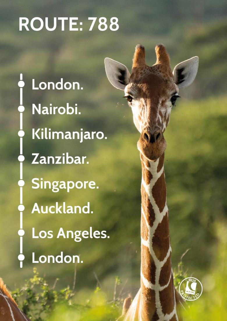 Travel Nation Flight Route 788 | London - Nairobi - Kilimanjaro - Zanzibar - Singapore - Auckland - Los Angeles - London